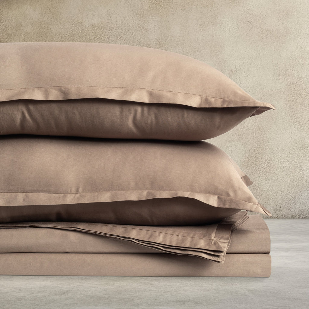 Folded Verona warm taupe 300 thread count cotton sateen pillowcases